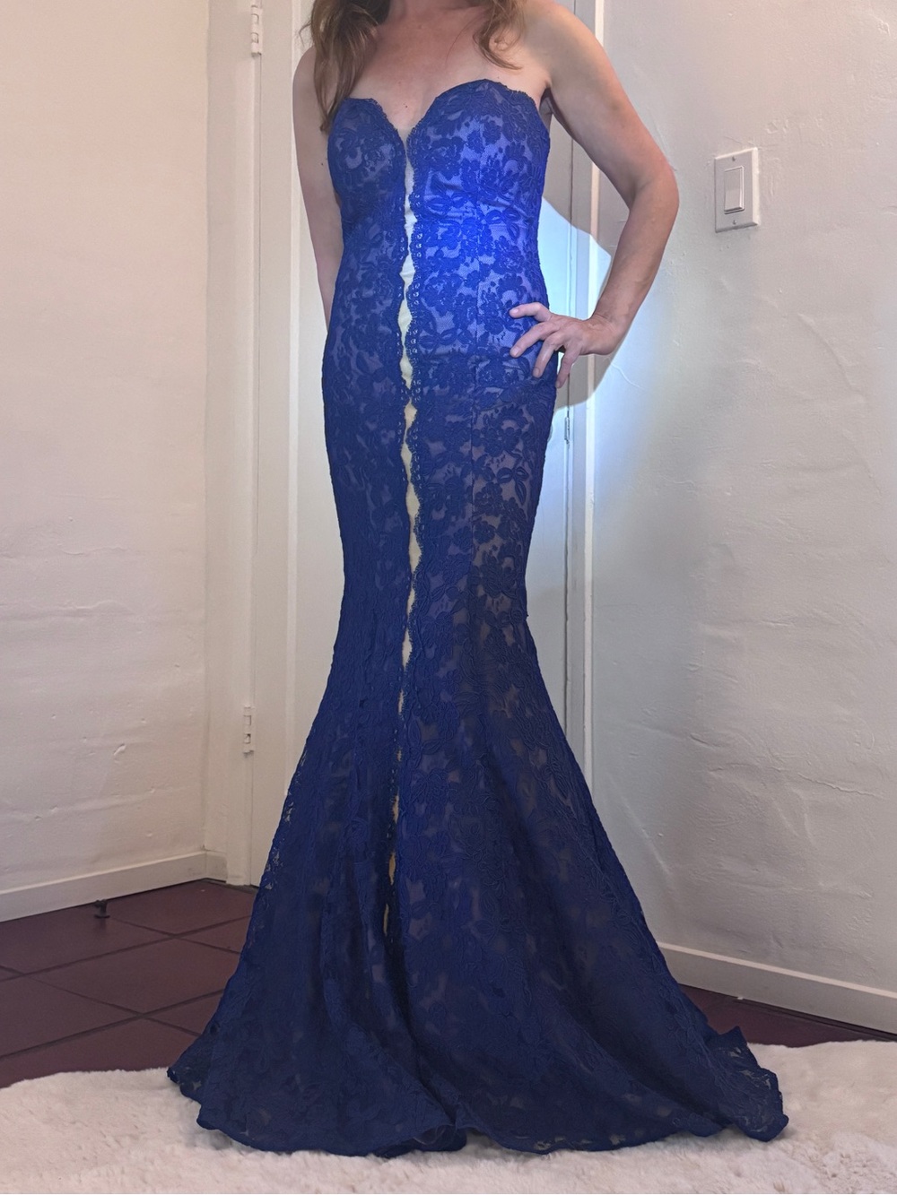 La Femme Strapless Lace Mermaid Gown in Cobalt Blue